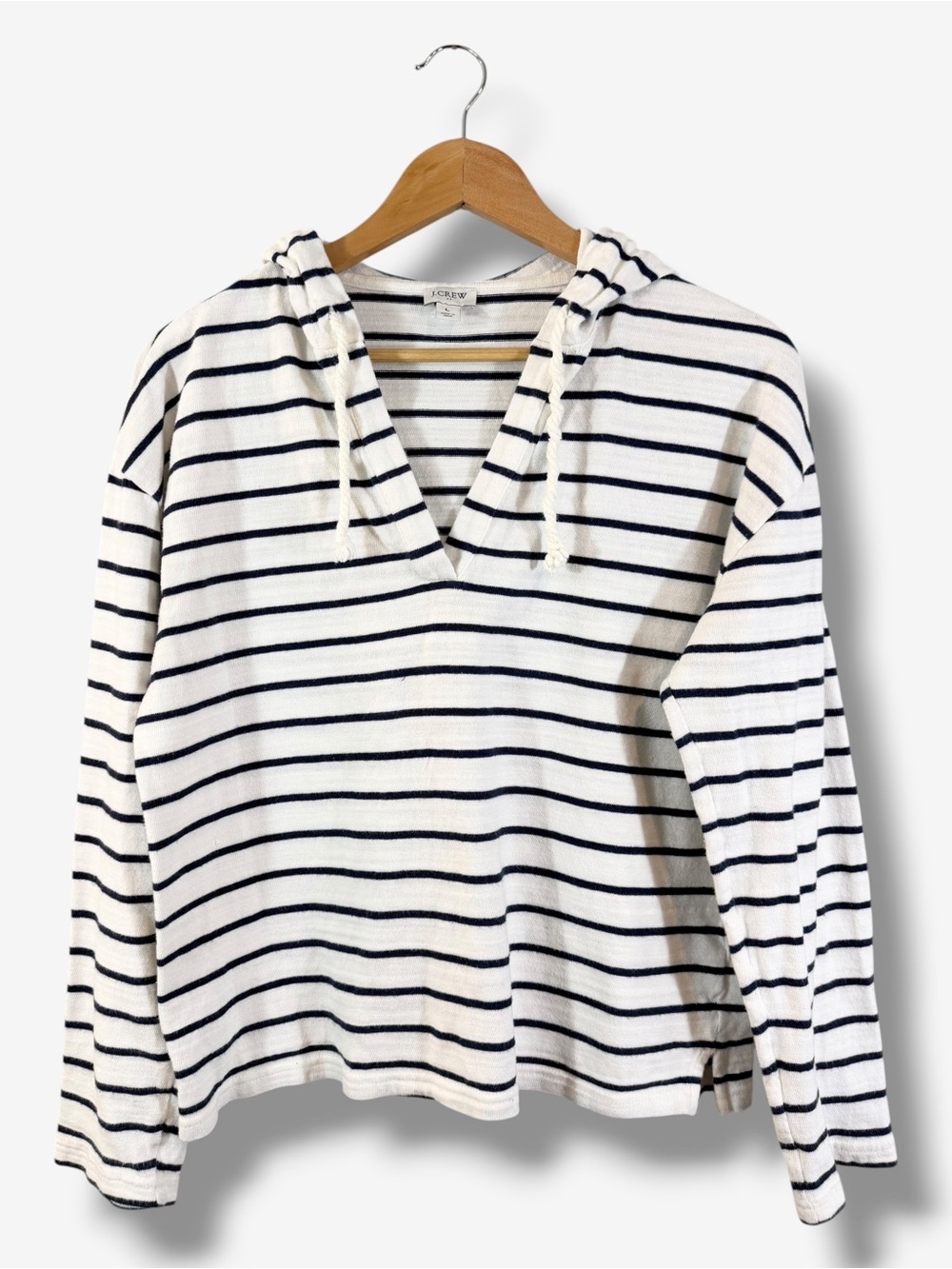 J. Crew Striped V-Neck Hoodie Size L White Blue Nautical Coastal Preppy Casual